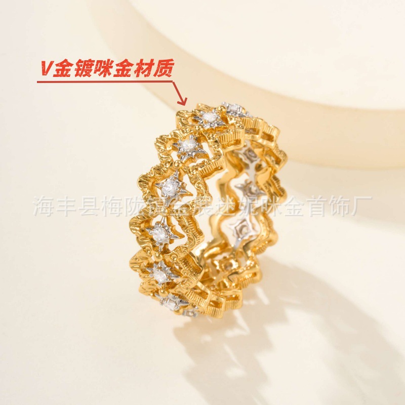 V金镀咪金 头歌剧菱纹戒指光面镶钻对戒轻奢高级感时尚工厂直销