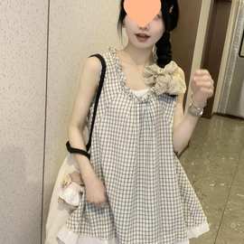 可爱甜美格子上衣女夏文艺森系田园风小个子2025新款无袖背心衬衫