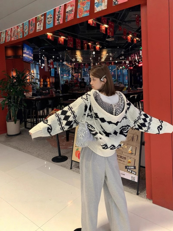 柳智敏同款open**麋鹿玫瑰毛衣连帽拉链宽松提花慵懒针织衫外套|undefined