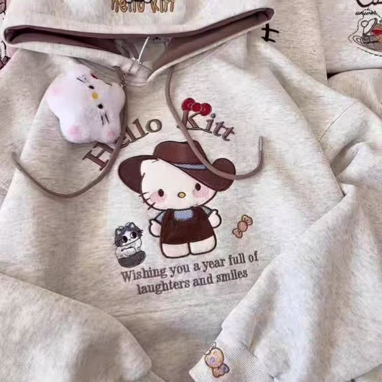 韩国童装女童卫衣秋装2025宝宝可爱Kitty猫刺绣长袖休闲连帽上衣|undefined
