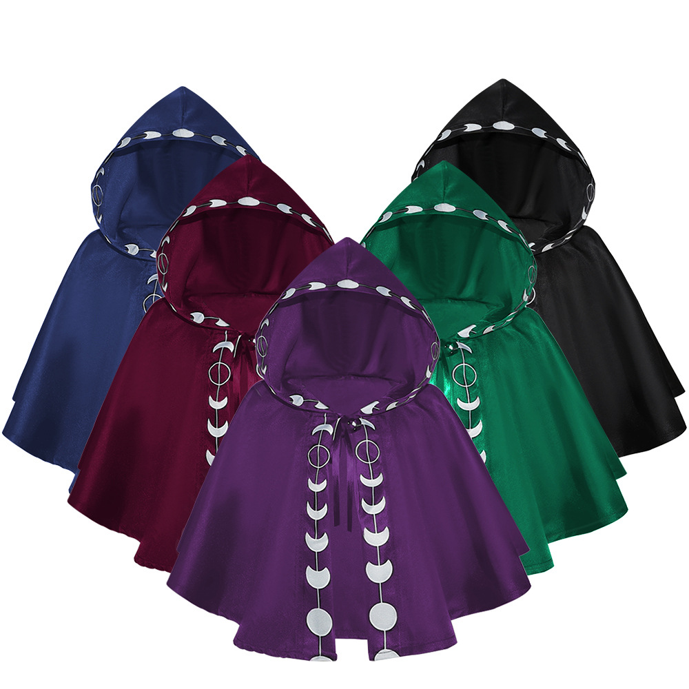 Medieval Halloween cosplay stage performance suit 5-color hooded short print cloak cape