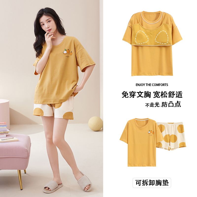 Pijamas de verano para mujer con almohadillas para el pecho, pantalones cortos dulces y bonitos que se pueden usar en el exterior, conjunto de algodón puro de manga corta, novedad 2026, ropa para el hogar