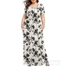 连衣裙夏季加肥加大胖显瘦遮肚长裙亚亚马逊新款连衣裙印花跨境