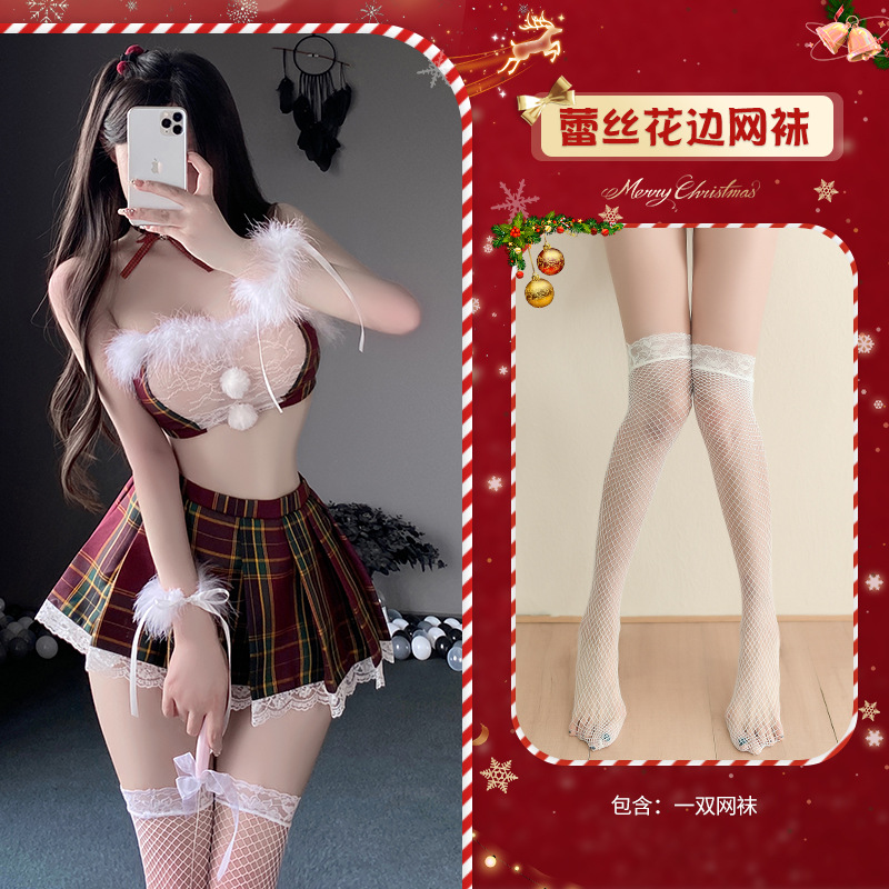 9077 [칼라 + 브라 + 플리츠 스커트 + 팔찌 * 2 + T 팬츠] + 그물 스타킹