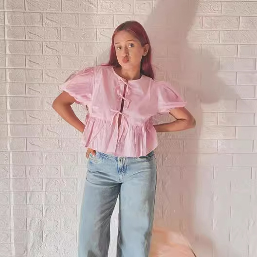 Yanqing Scandinavian Super Sweet Niche Pure Color Puff Sleeve Age-Reducing Lace-Up Ruffled Babydoll Top for Women