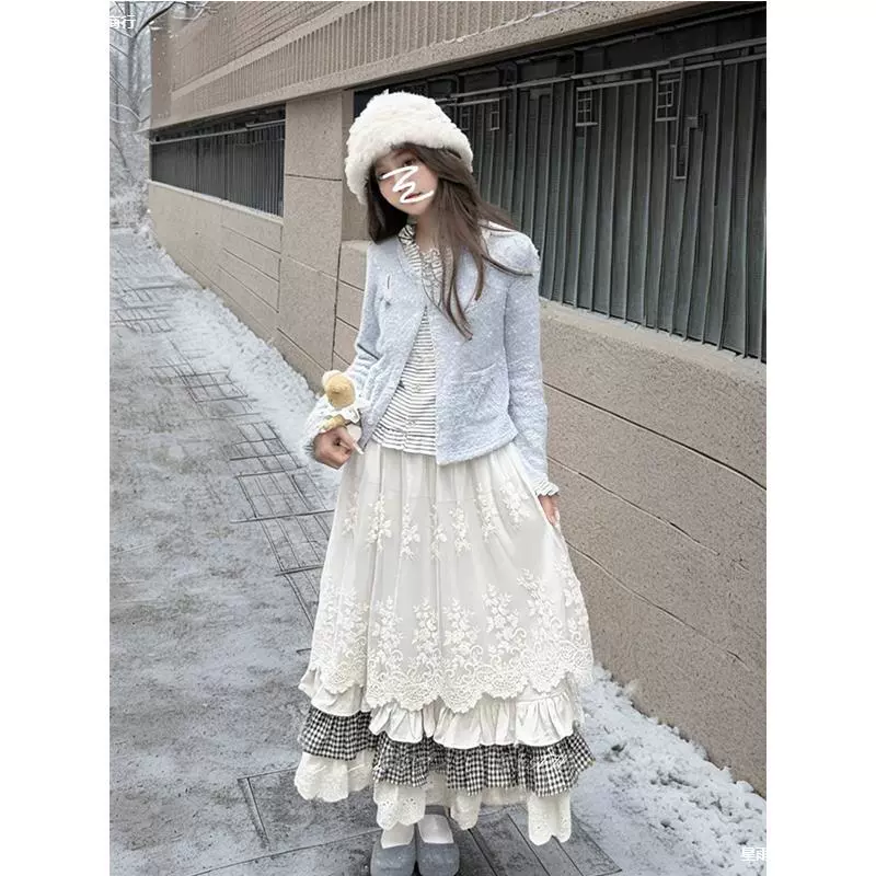 Кружевная сшитая юбка средней и длинной формы для женского зимнего дизайна с высокой талией и дикой юбкой для торта