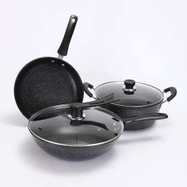 麦饭石不粘锅三件套炒锅煎锅汤锅套装公司送礼家用厨房锅具三件套