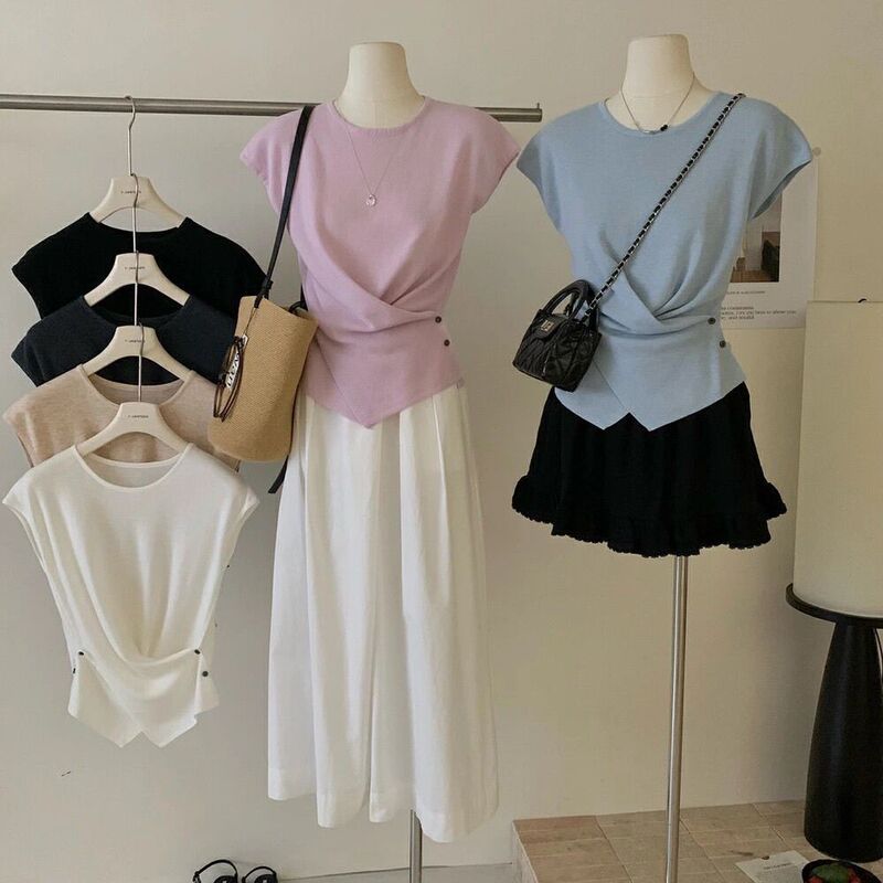 Korean Style All-Match Simple Round Neck Short-Sleeved Cross-Buckle Design Short-Sleeved Sweater Women's Spring and Summer Short Top