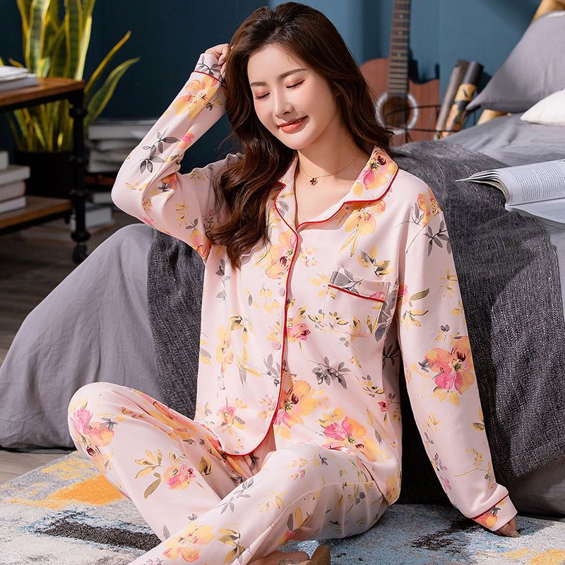 Pijamas de mujer de mediana edad 100% algodón de manga larga mamá primavera y otoño ancianos más tamaño suelto ropa para el hogar Otoño e Invierno