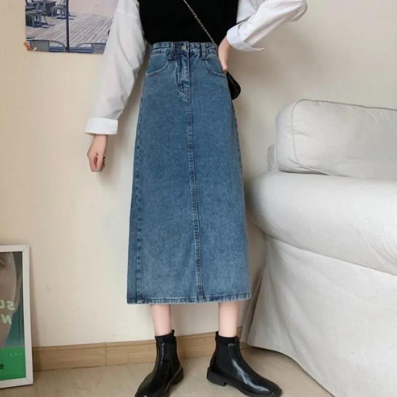 中长款牛仔半身裙女秋夏新款高腰复古显瘦开叉a字遮胯包臀长裙子