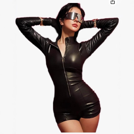 Amazon 2025 New Autum Women's Hot Girl Fashion Motorcycle Style Zipper Stand Collar Tight Hip Bodysuit for Women