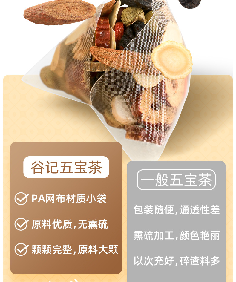Five Treasure Herbal Tea Bags with Ginseng Huangjing Mulberry Goji Raspberry Cornus and Black Bean 300g specifications