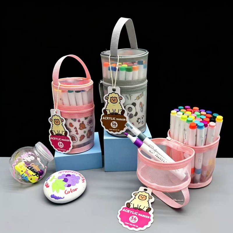 Portátil acrílico marcador conjunto de dibujo de niños cabeza suave opaco color plegable 24 colores 36 bolsas de red portátiles