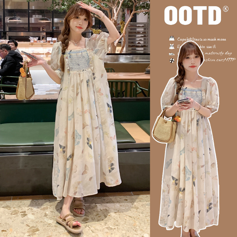 Pregnant Women Summer Dress Butterfly Print Puff Sleeve Doll Dress Summer Square Collar Drape Chiffon Long Dress