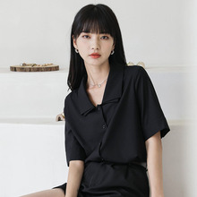 法式黑色宽松气质衬衫女设计感小众双层翻领短袖别致上衣夏季高级