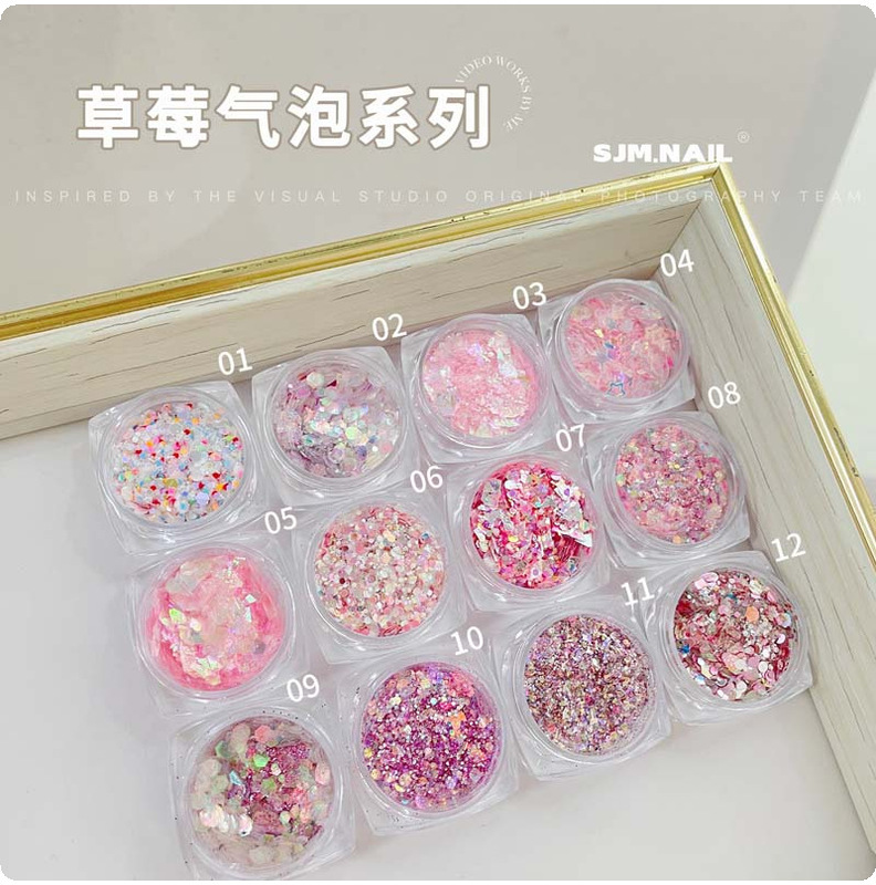 Manicure Strawberry Bubble Glitter Powder Sequin Material Pink Bubble Patch Nail DIY Wearable Nail Cartoon Material Manicure Strawberry Bubble Glitter Powder Sequin Material Pink Bubble Patch Nail DIY Wearable Nail Cartoon Material