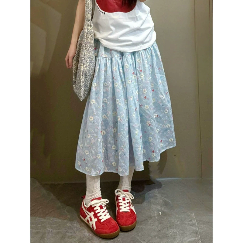 Летняя юбка А-силуэта 2025 года, свободного кроя, с вышивкой, средней длины,  утягивающая, в стиле литературного цветочного принта.