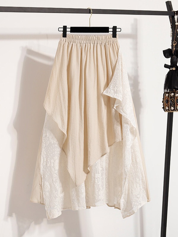 Irregular Lace Splicing Chiffon Skirt for Women, New Summer Style, Plus Size, Elastic Waist, Mid-Length Skirt Irregular Lace Splicing Chiffon Skirt for Women, New Summer Style, Plus Size, Elastic Waist, Mid-Length Skirt