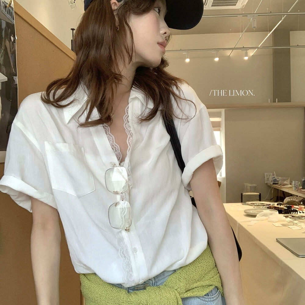 Áo sơ mi tay ngắn nữ phối ren viền cổ, dáng rộng mùa xuân hè — màu trắng, Xanh da trờicolor