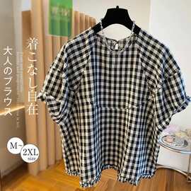 夏季日韩新款蝙蝠型格子娃娃衫上衣女宽松休闲短袖衬衫棉麻上衣