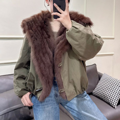 实拍新款派克服海军领夹克外套女士短款鹅绒服真毛狐狸毛皮草大衣