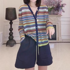 大码女装彩虹条纹V领拼接长袖针织衫女早秋新款胖MM显瘦宽松小衫