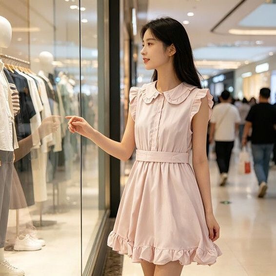Summer New Style French-Style Sweet Pink Doll Collar Short-Sleeve Shirt Dress for Petite Women