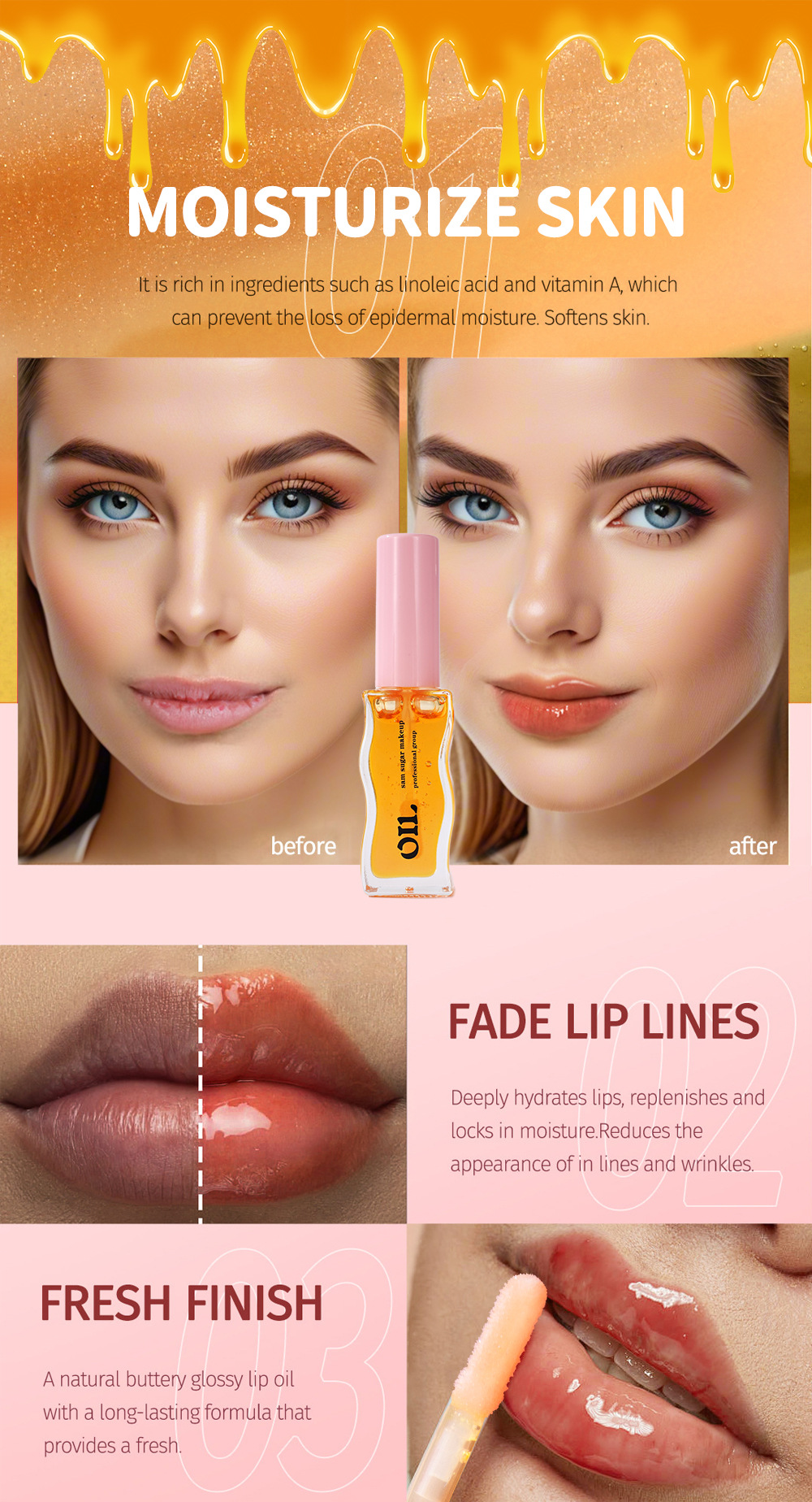 SAM SUGAR Fruit Honey Essence Lip Oil Lip Care Lotion Transparent Pearlescent Lip Gloss Application Scenario