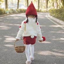 女童针织套装羊绒衫手工刺绣蘑菇毛衣兔尾巴短裤套装儿童毛衣批发