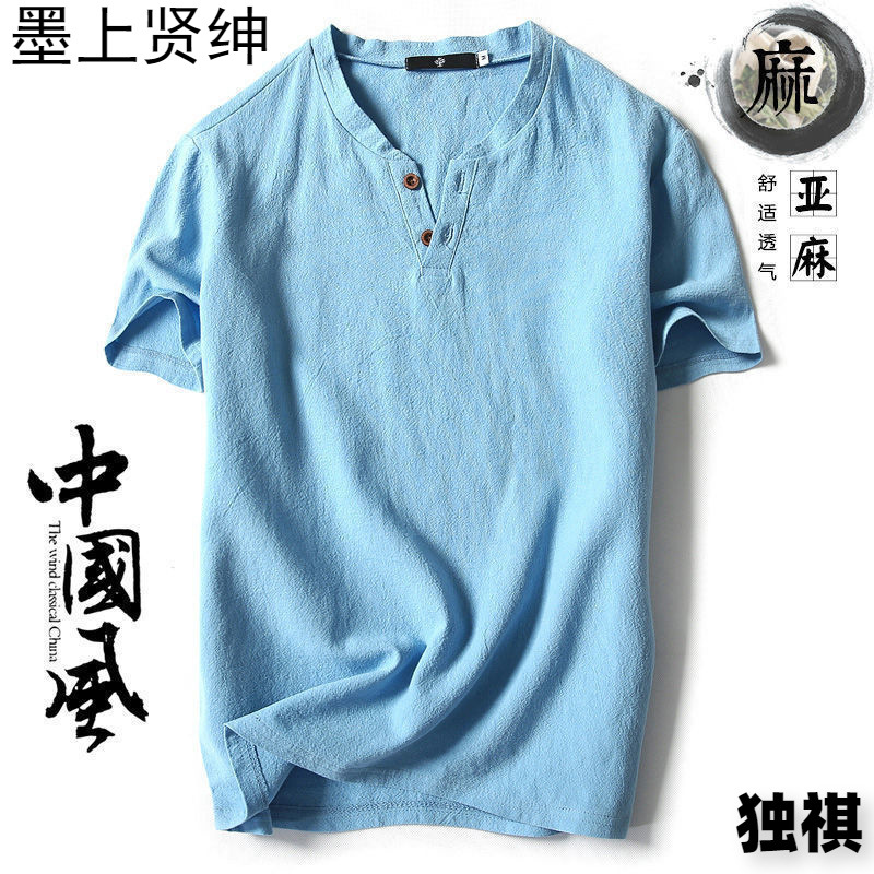 中国風亜麻tシャツ男性半袖夏純色綿麻半袖vネックシャツ中国式男性服百合上着