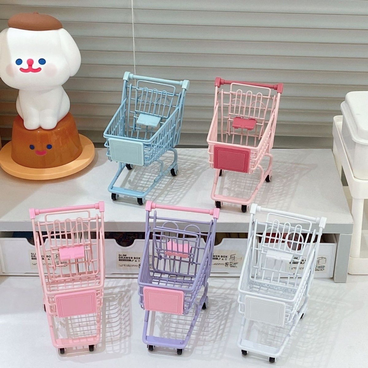 新款 ins风粉色迷你购物车小推车桌面摆件可爱购物篮摆件桌面收纳