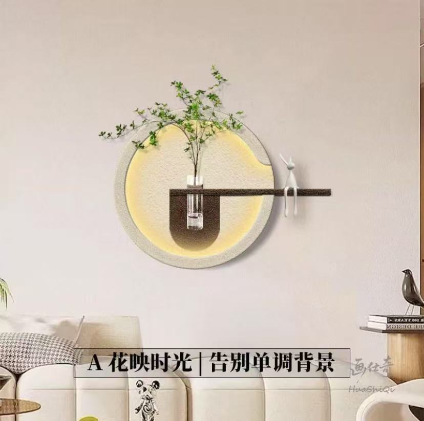 Cream Style Sandstone Painting Restaurant Decorative Painting Hydroponic Green Plant Led Light Painting New Style Living Room Round Hanging Painting
