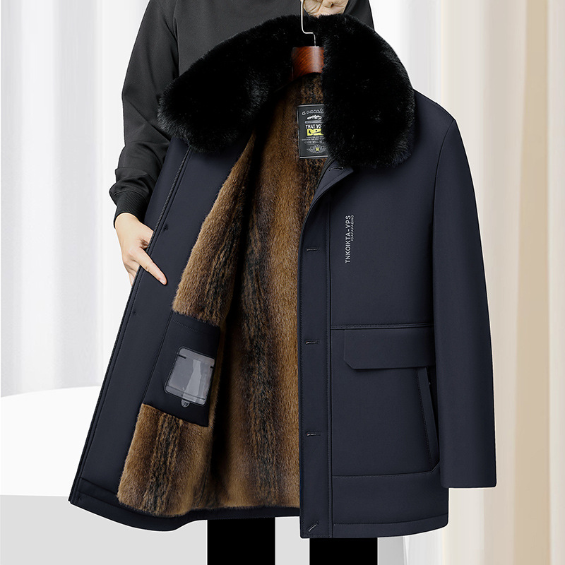 Outdoor winter coat for middle-aged and elderly men, detachable fur collar, mid-length fleece-lined cotton-padded jacket, dropshipping available.