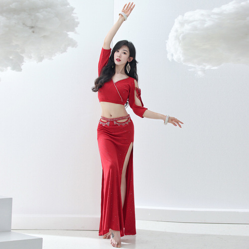 Belly Dance  Summer New Hot Diamond Practice Clothes Hollow Long Skirt Sexy Oriental Dance Slimming Performance Clothes