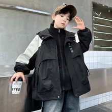 男童三合一冲锋衣秋冬款大儿童连帽拼色工装外套加绒内胆校服神器