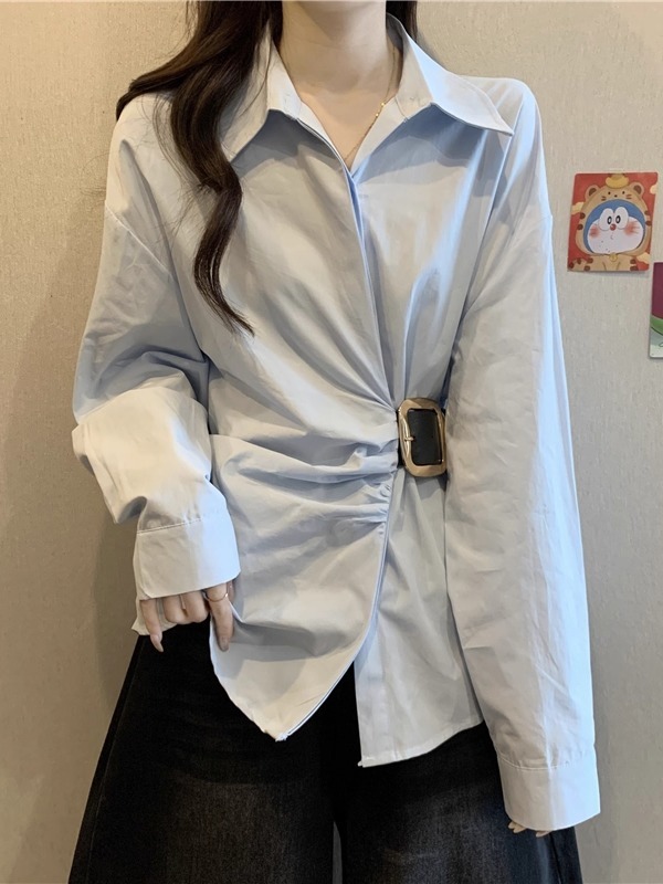 高级感皮带扣收腰遮肚衬衫女2025新款秋季大码胖mm漂亮长袖上衣|undefined