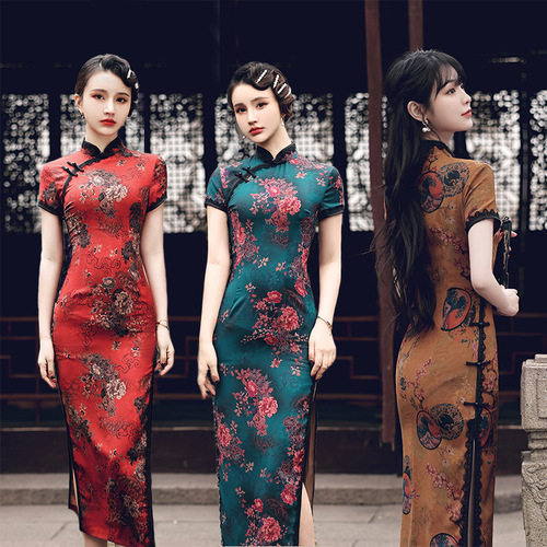 Women old shang chinese dresses oriental qipao dress  floral printed model show host singers party performance cheongsam dress for lady