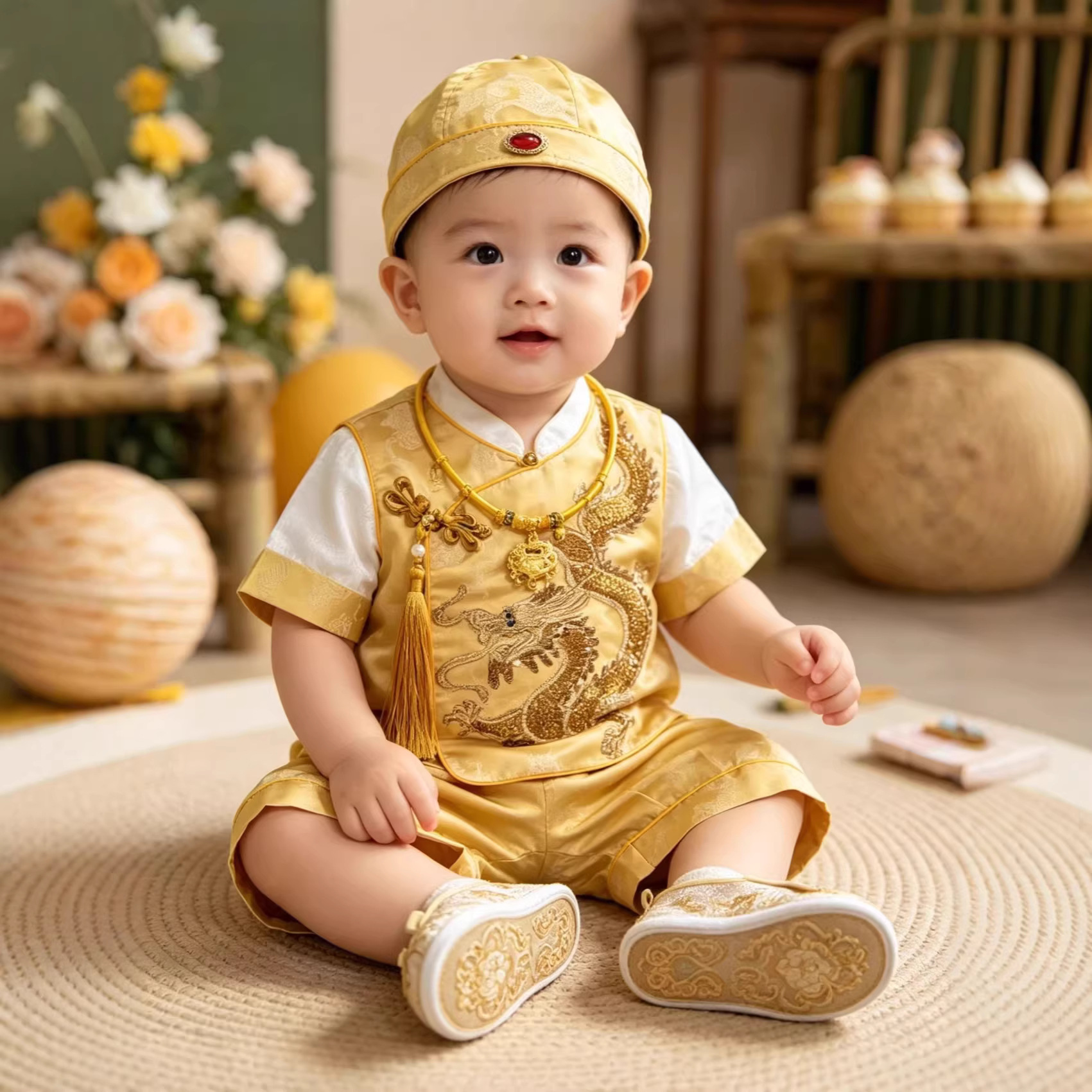Traditional Chinese style baby first birthday dress, baby boy and girl first birthday banquet, 100-day gold baby suit, Tang suit, summer
