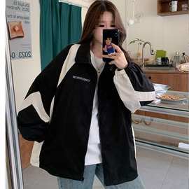 黑色美式冲锋衣外套女春秋款休闲百搭运动学院风宽松工装夹克上衣