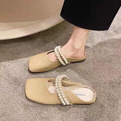 包頭半拖鞋女春夏季外穿2023年新款平底懶人珍珠軟底仙女風涼拖