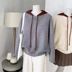 质感韩系撞色连帽抽绳套头毛衣女装秋冬新款简约慵懒风软糯针织衫