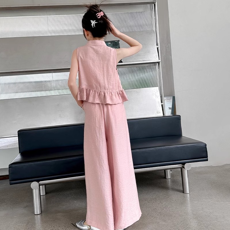 Sommeroutfit für Mädchen im chinesischen Stil 2024, neues mittelgroßes Westenoberteil mit weiten Beinen und stylischem zweiteiligen Set für Kinder_voghion.com