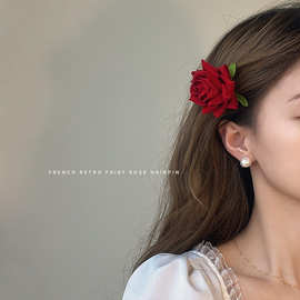 露水玫瑰 氛围感法式复古仿真花朵发夹 仙气质小众设计刘海边夹子