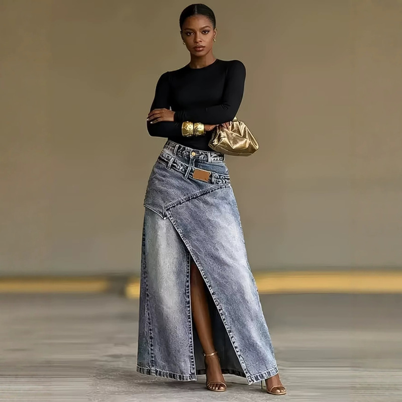 European and American Style Denim Skirt for Women, Washed Gradient Double-Layer Waistband, High Slit, Long Vintage Denim Skirt