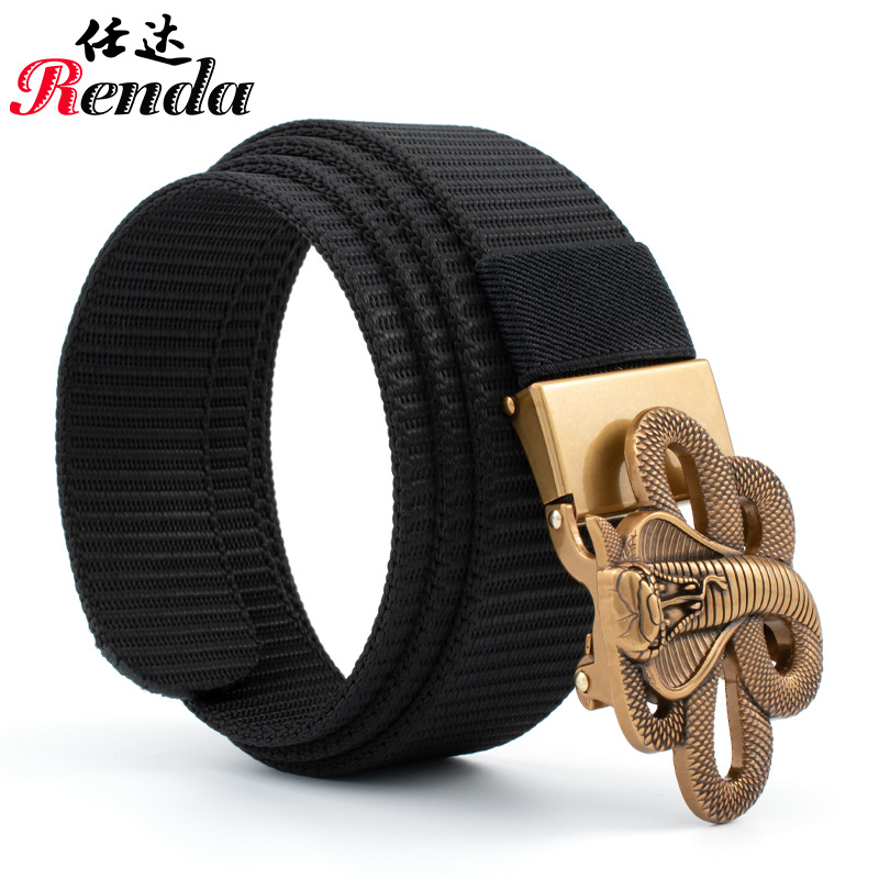 Hebilla automática sin dientes para hombres Cobra cinturón de lona casual vintage pantalones cinturón nylon tanque patrón cinturón