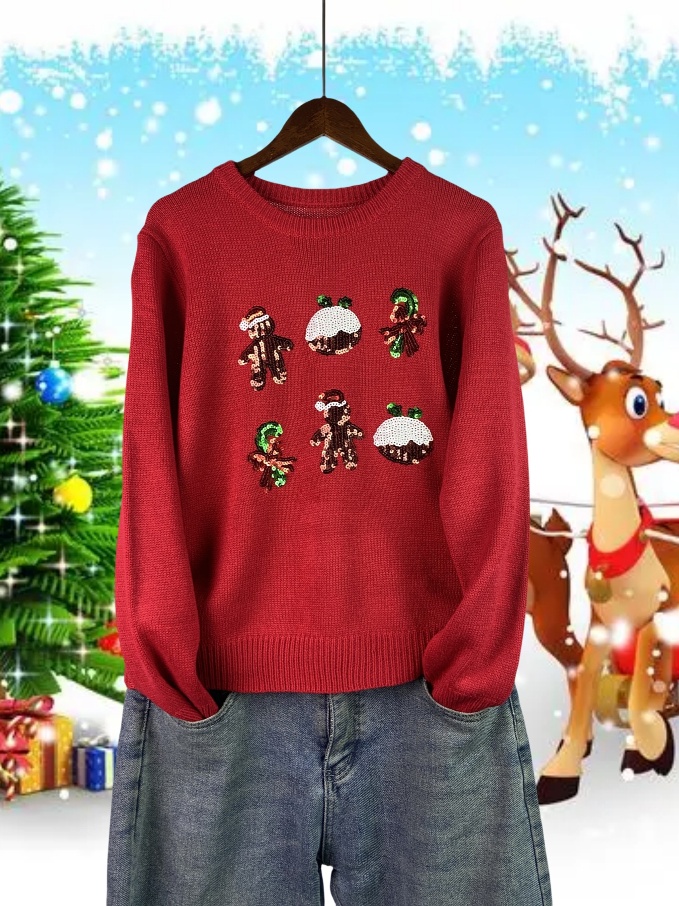 Autumn and winter leisure age-reducing heavy industry cartoon embroidery round neck long sleeve women's sweater Christmas shein hot explosions