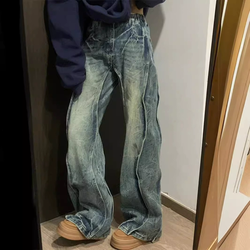 Американский деконструирующий сшитый ретро синие джинсы европейские и американские высокие улицы hiphop брюки дизайн микро-рог прямые брюки