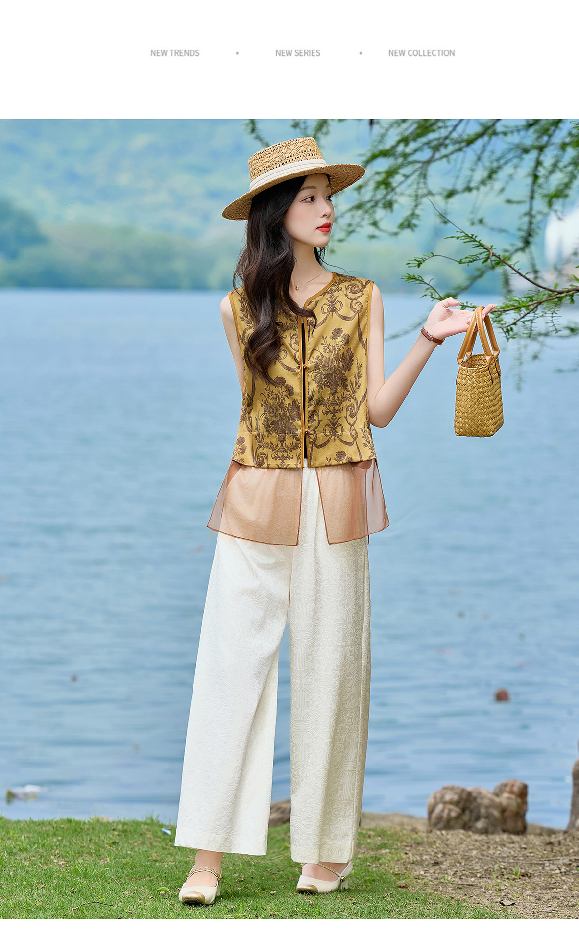 Bộ áo vest gile in họa tiết và quần ống suông phối đồ vintage nữ — Bầu hồ lô, Màu vàng chảy chi tiết 25