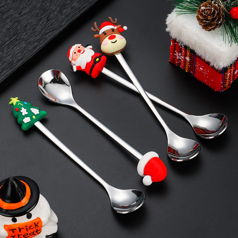 国境を越えたスプーンフォークセットクリスマス雰囲気感食器金色コーヒースプーン甘いスプーンステンレス人形クリスマス|undefined
