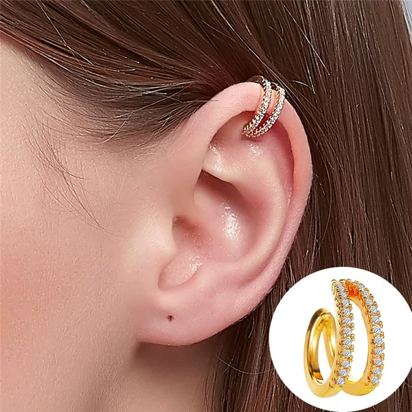 European and American Style Double-Layer Full Diamond Ear Clips, Personalized and Stylish C-Shaped Ear Cuffs, Fashionable Earrings, Simple Non-Pierced Earrings